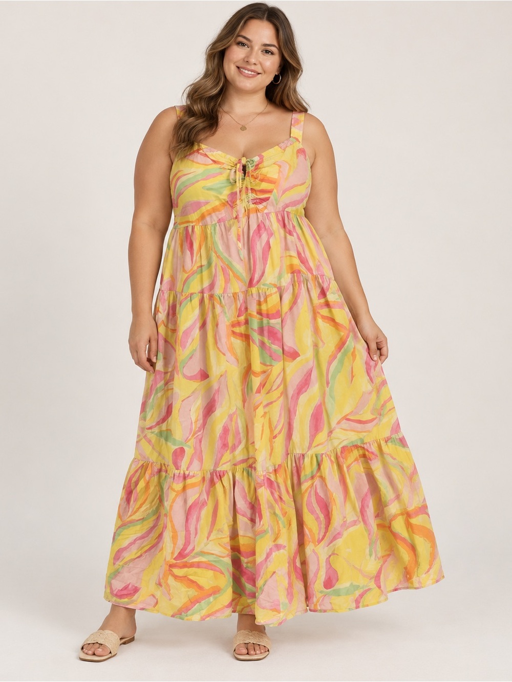 Terra & Sky Yellow Pink Multicolor Tie-Front Tiered Maxi Dress